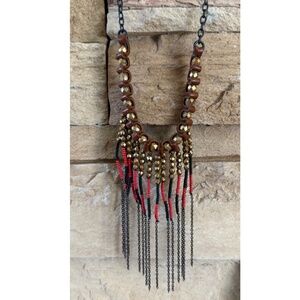 Annie Costello Brown Leather Beaded Metal Necklace